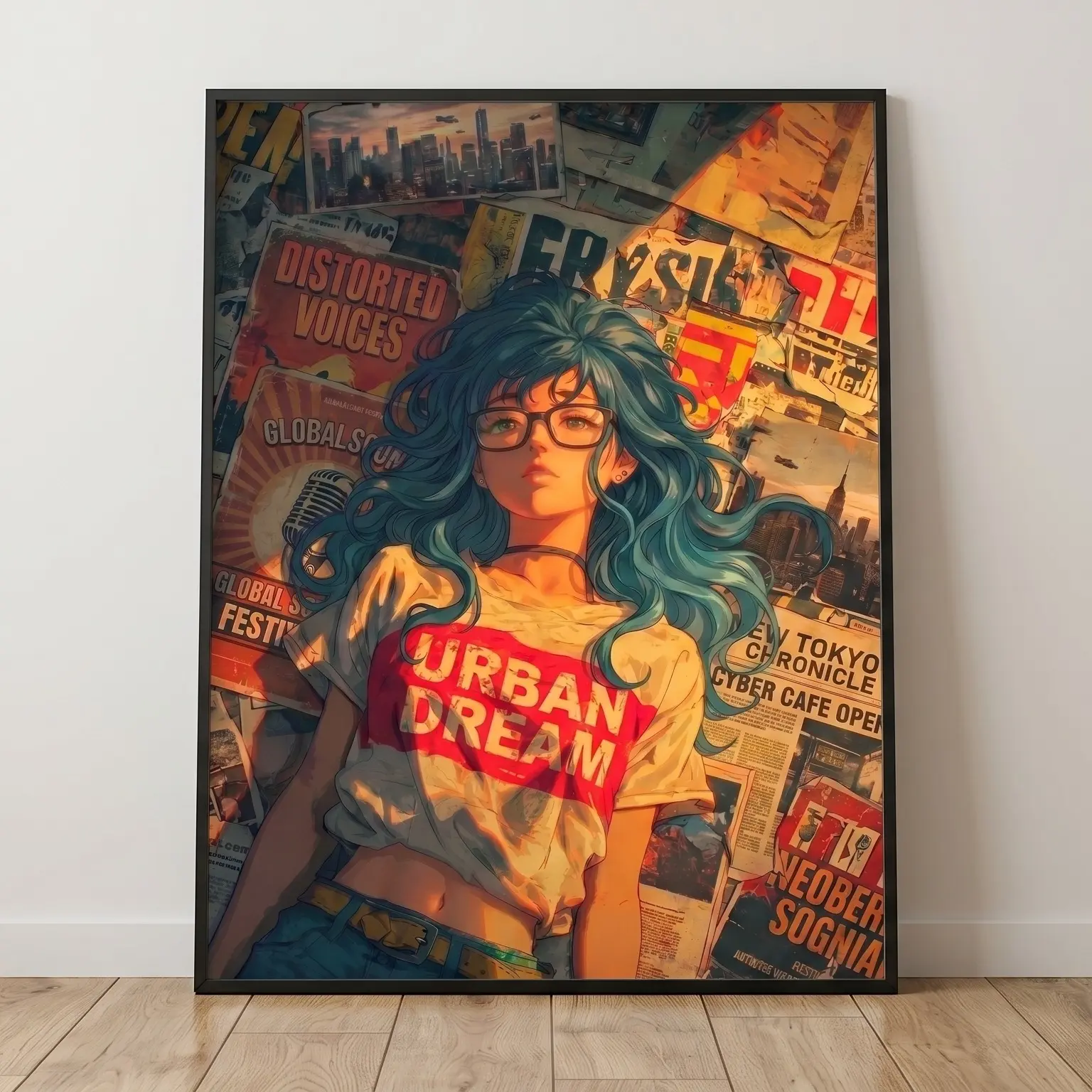 Cyberpunk Anime Girl Unframed Poster, Urban Dream Vintage Wall Art, Aesthetic Blue Hair Illustration Print, Premium Print for Bedroom & Dorm Decor