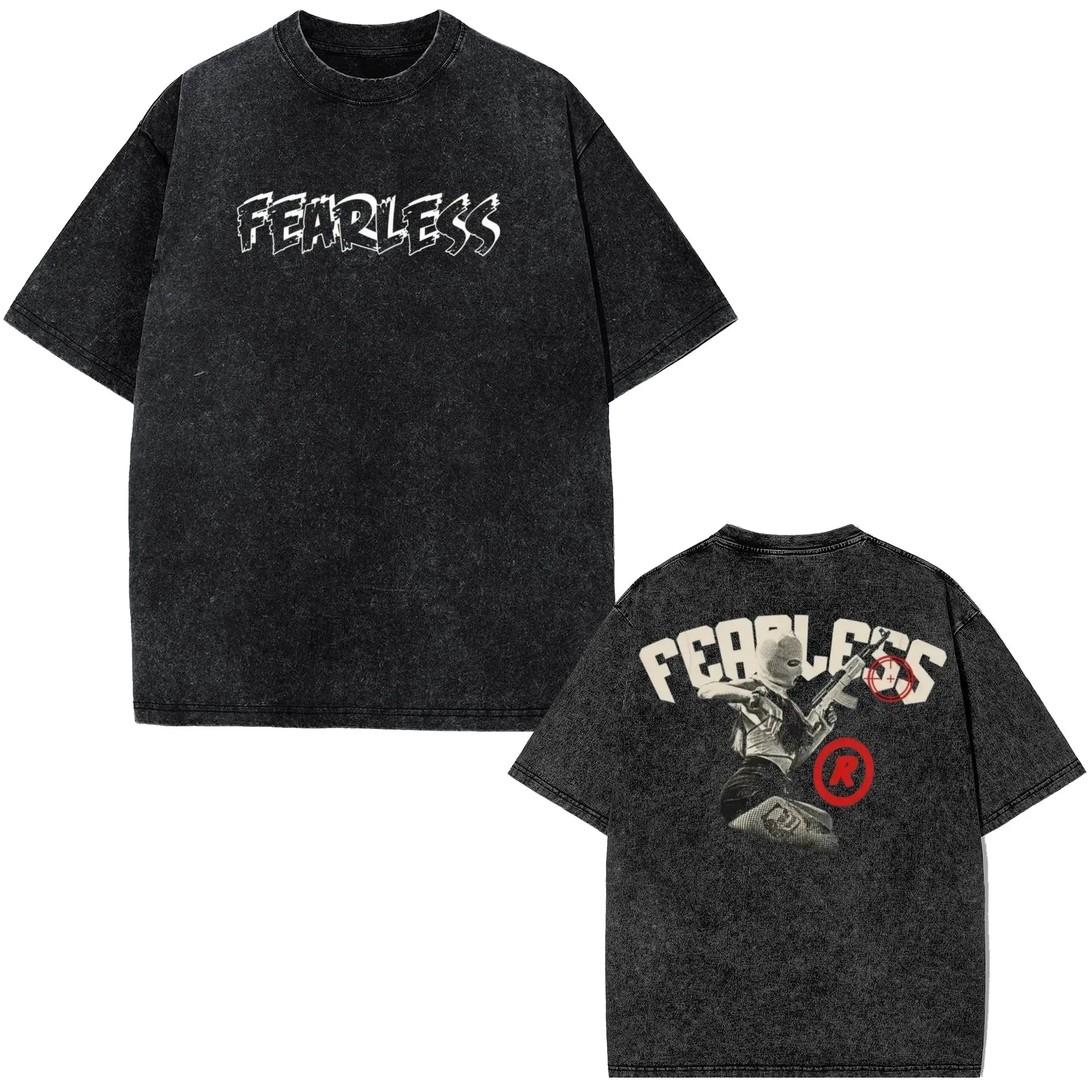 FEARLESS Washed Unisex Vintage Graphic T-Shirt The Gun-Toting Hot Girl Robber Cotton Oversized Tee Featuring Bold Fearless Text And Cool Skeleton Gunner Character Print For Adults Summer Streetwear And Urban Fashion Workout Tops Baggy Gym Fits