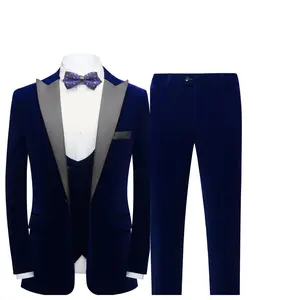 Mens Velvet 3 Piece Suits Blue Slim Fit Peaked Lapel One Button Tuxedo Dinner Jacket Vest Pants Suit Set Men's Business Men's Three-Piece prom suit