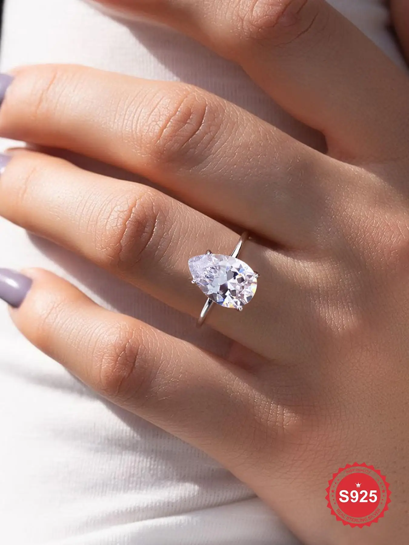 S925 Sterling Silver Teardrop Shaped Zirconia Ring, Fashion Accessories for Women & Girls, Trendy All-match & Exquisite Jewelry for Birthday Gift