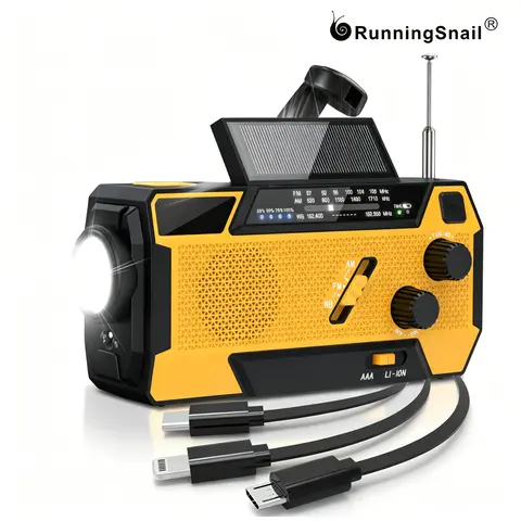 Portable Lightweight Tabletop Weather Radio 3 in 1 Charging Cable, 7400mWh Solar Powered, 4 Power Sources, Water Resistant, NOAA Audio, AM/FM Stereo, Micro USB, 3.5mm Jack, Digital Display, ABS, Orange US Plug, for Winter Storms,Hurricanes