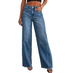 EVALESS Women's Casual Wide Leg Jeans Baggy High Waist Stretchy Raw Hem Zimbaplatinum Denim Trouser Pants 2025  Springtok Womenswear Outfits(gift)