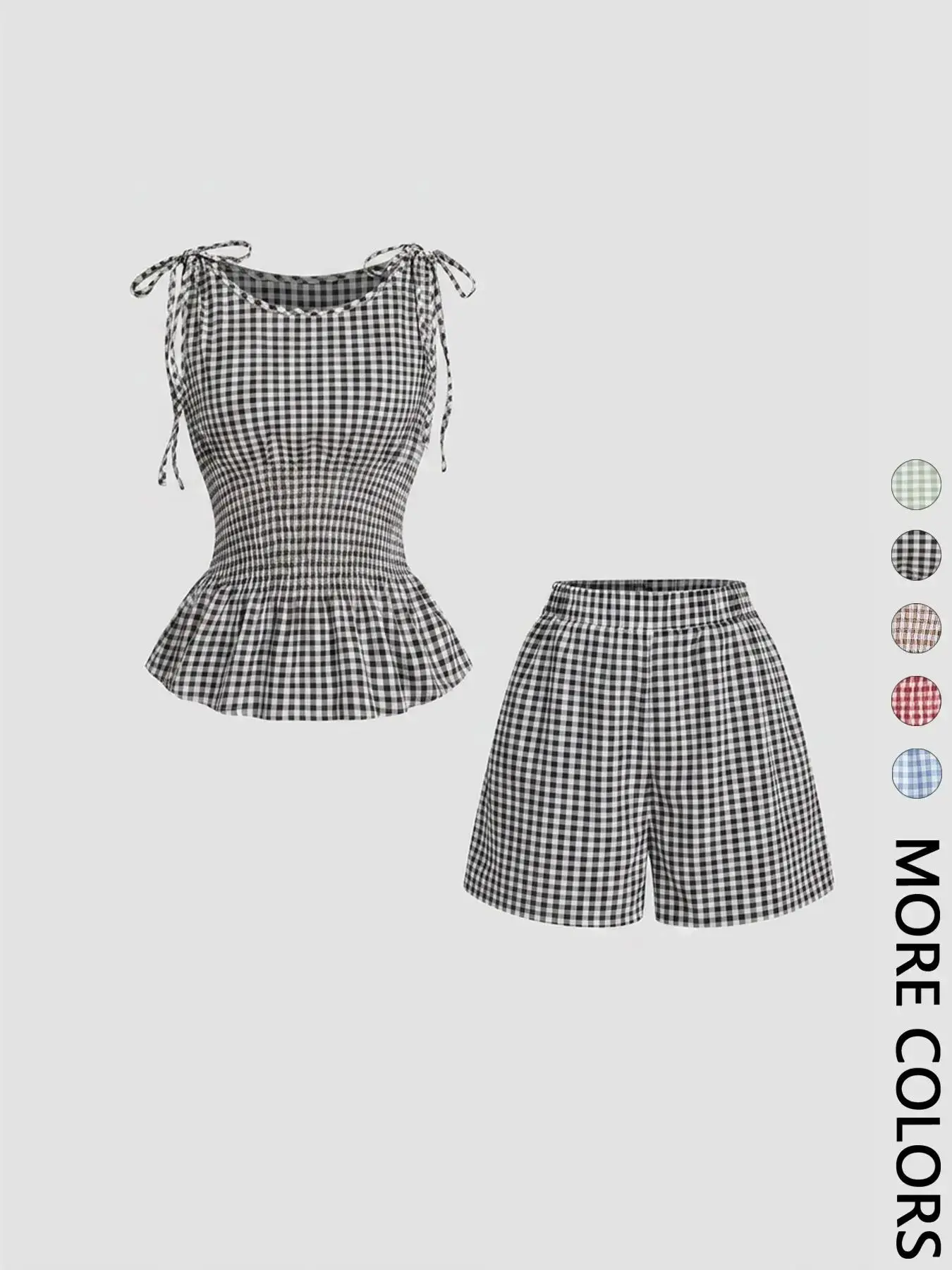 Classic 2 Piece Women's Gingham Woven Fitted Adjustable Tie Shoulder Straps Smocked Waist Peplum Tank Top & Shorts Matching Set, Elastic Waistband, versatile piece, trending now