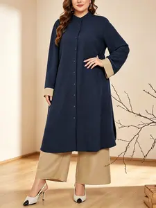 Plus Size Women's Navy Stand Collar Long Sleeve Top and Wide Leg Pants Set, Versatile for Office, Casual, Date Night