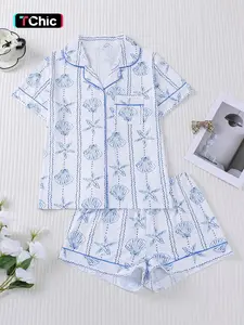 Women's Sleepwear Set, Soft Short Sleeve Shirt & Elastic Shorts, Casual Home Wear, Comfortable Daily, Perfect for Parties, Pajama