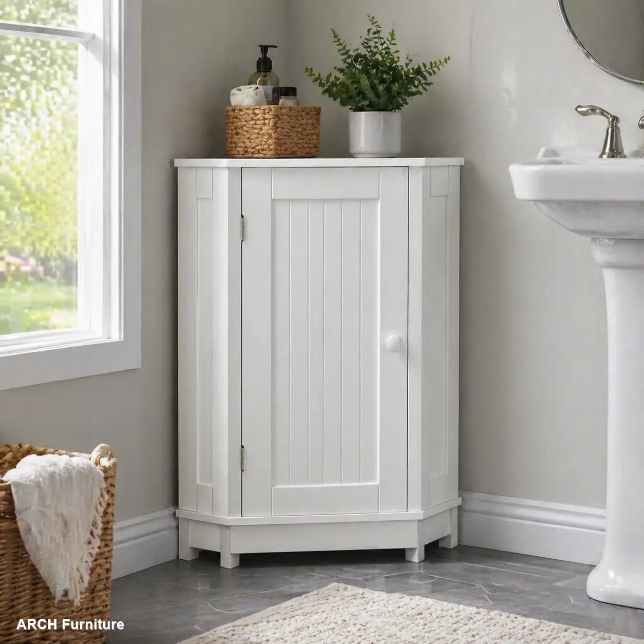 ARCH White Compact Bathroom Triangle Corner Storage Cabinet, Modern Style with Adjustable Shelf, MDF Board (Old SKU: WF291477AAK/N725P172615K) WL