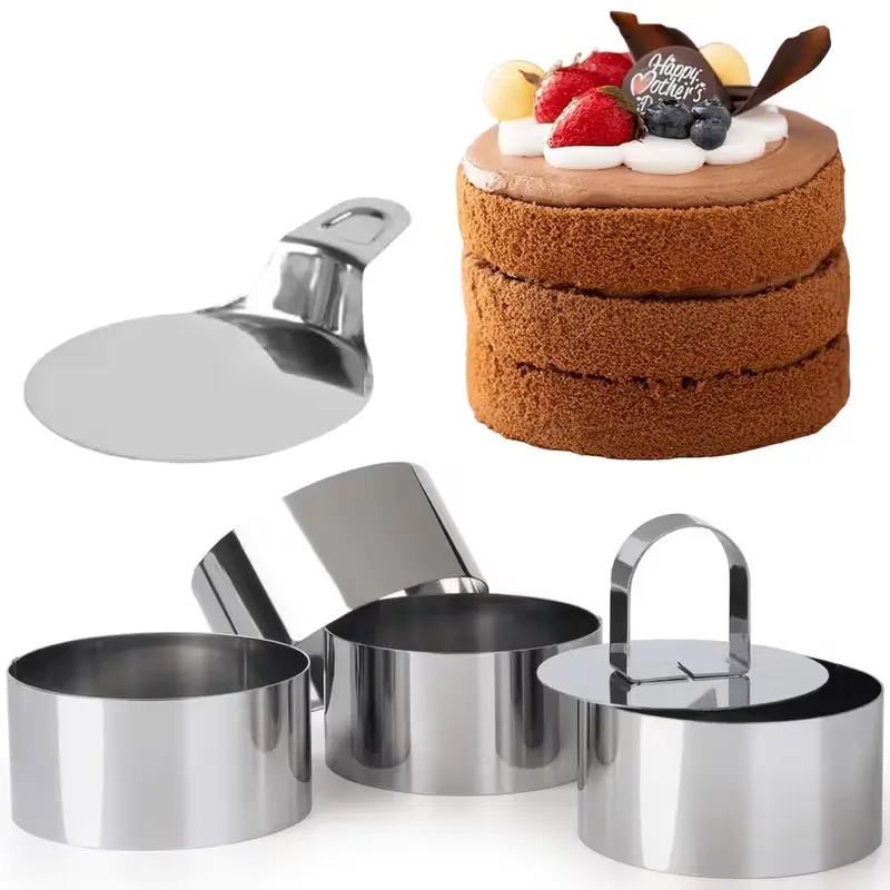  6pcs/Set - Stainless Steel Mousse Ring 3 Inch Mousse Circle, Pusher And Lifter, Stainless Mini Cake Ring Round Shape Tiramisu Muffin Mold for Kitchen Pastry Baking Tools