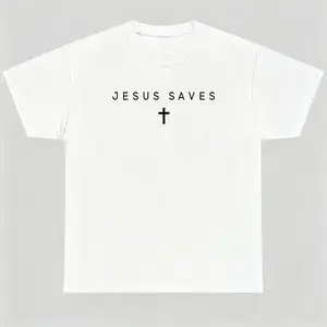 Menswear 100% Cotton Round Neck Shortsleeve T-Shirt, Unisex Breathable Fabric, Minimal Jesus Saves Cross Design, Subtle Religious Faith Casual Top,summervibes