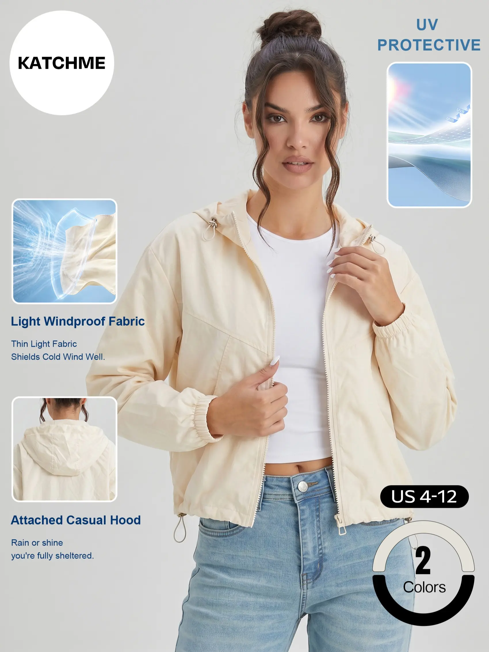 Katch Me Chic Women's Casual Hooded Dual Zipper Loose Windproof Jacket, Versatile Solid Color Long Sleeve Side Pocket Outerwear, Water Resistant UV Protective Lightweight Trench Coat #TikTokMadeMeBuyIt #TravelEssentials #LightweightJacket