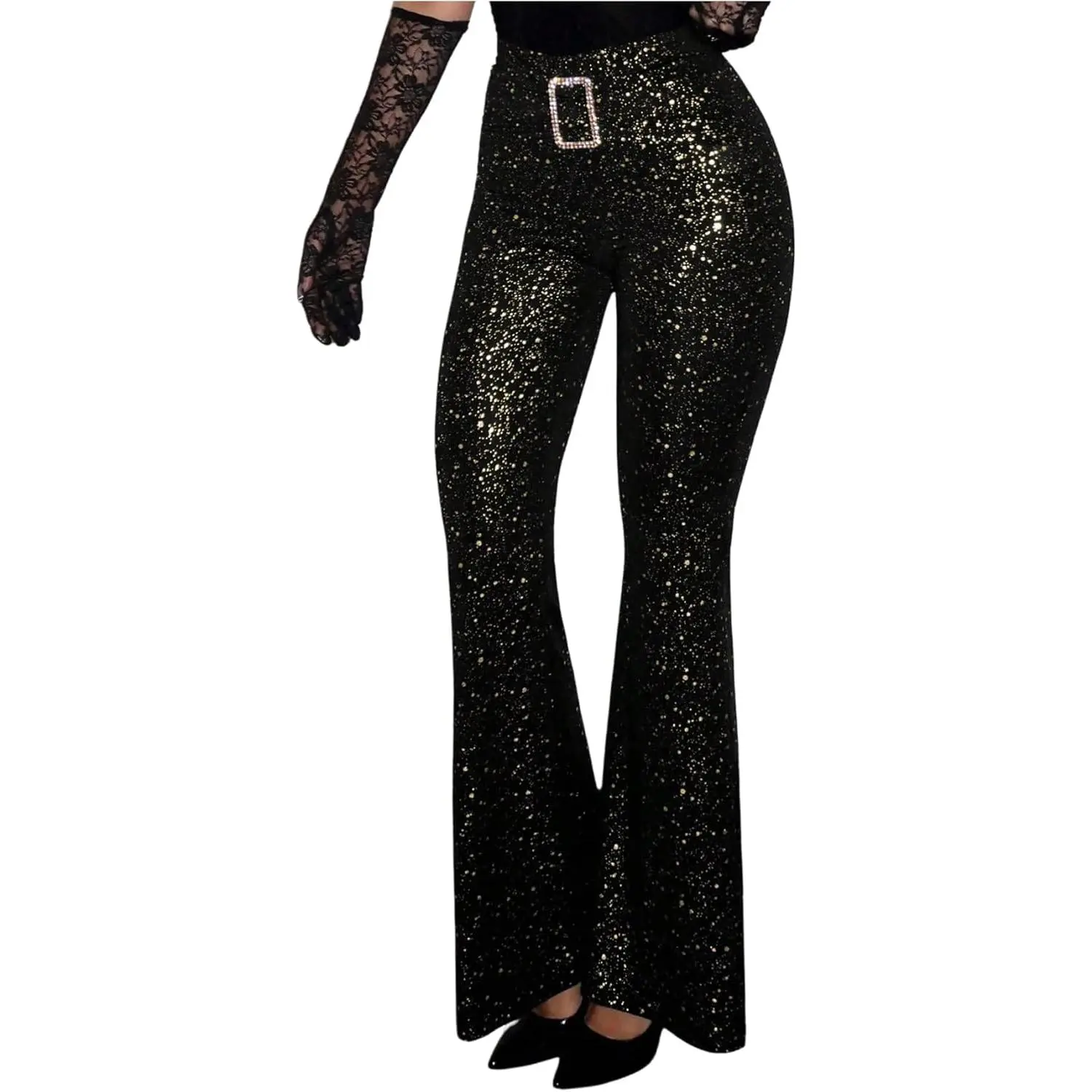 Milumia Women's Elegant Sparkly Sequin High-Waisted Flare Leggings - Satin Fabric Halter-Ready Rave Party Bell Bottom Pants, Flare Pants, Strappy