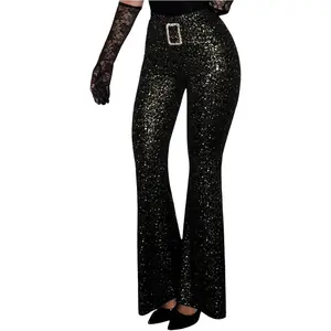 Milumia Women's Sparkly Sequin Flare Leggings High Waisted Rave Party Bell Bottom Pants