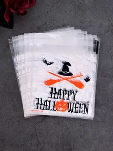 50 Fashionable Halloween Gift Bags, Pumpkin Bat Letter Design, Self-Adhesive Jewelry Storage, Perfect for Halloween Parties and Gifts