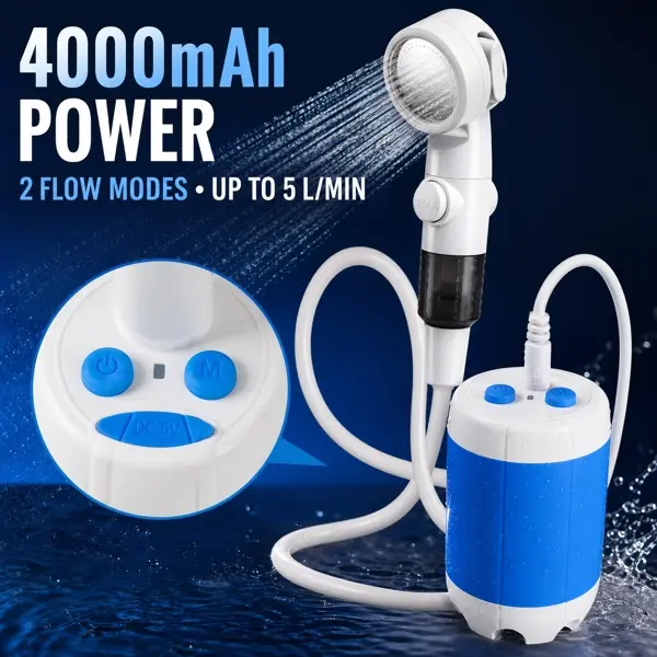Rechargeable Portable Camping Shower with 4000mAh Battery Pump, 2m Hose, 2 Flow Modes and Multi-Mode Handheld Showerhead for Camping, Pet Washing and Car   Cleaning