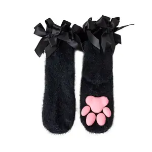 Kawaii Coral Velvet Cat Paw Plush Socks Paw Pads Kitten Claw 3D Cat Paw Socks Lolita Style Cold-proof Bowknot Warm Socks Gift