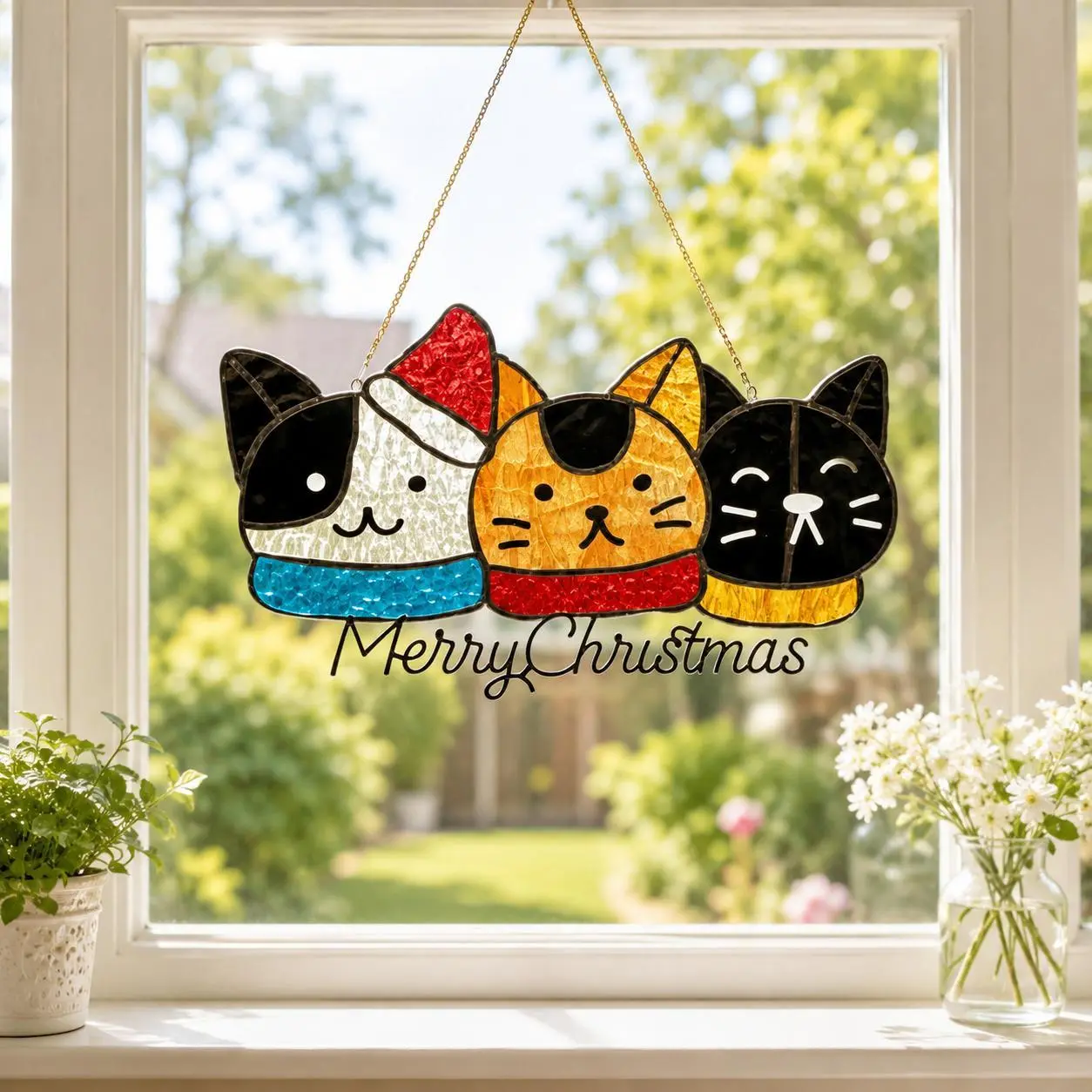 CraftNameSign Christmas Cat Stained Glass Suncatcher, Festive Cat Window Hanging, Traditional Holiday Home Decor, Handmade Acrylic Ornament, Cat Lover Gift, Xmas Window Decoration, 8-20 Inches