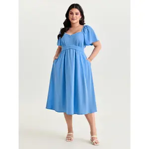 BLOOMCHIC Plus Size Flared Sleeve Pleated Waist Plain Midi Dress [M-6X]2026 Summer Vibes Swimweek