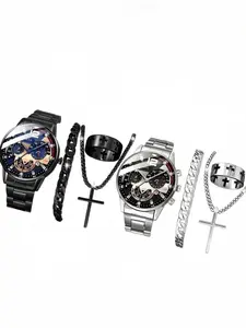 Men's Watch & Jewelry Set, Fashion Round Dial Analog Business Quartz Watch, Casual Wristwatch Set, Stylish Watch & Chain Bracelet & Pendant Necklace & Ring, Jewelry Set for Party, Daily Decor, Exquisite Watch Set for Gift