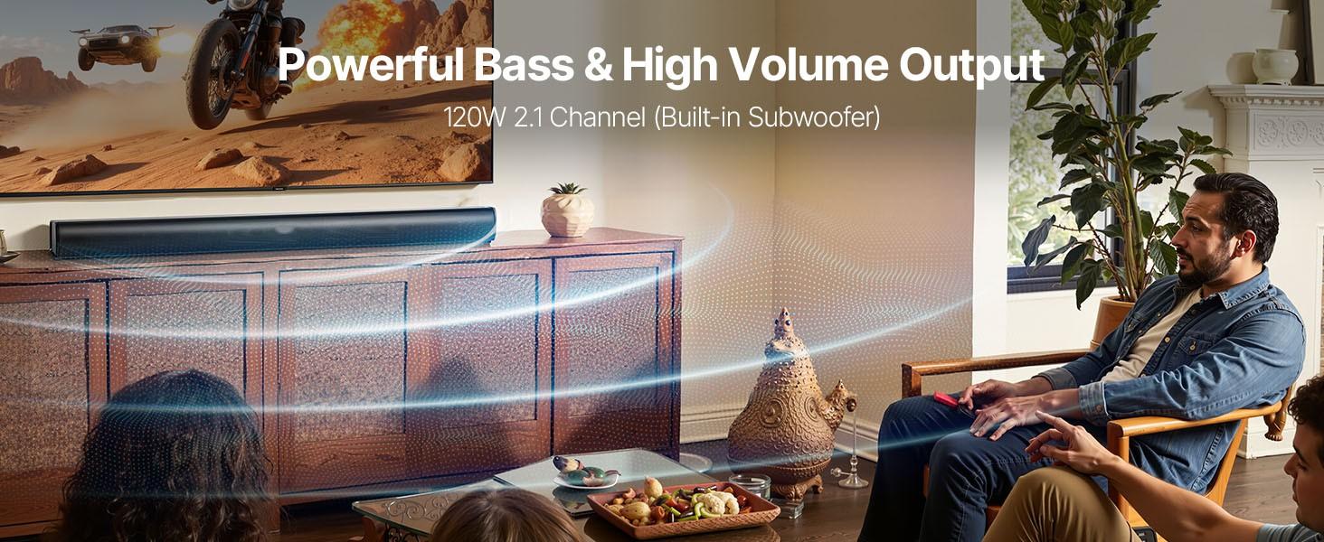 Sound Bar For Smart TV, 2.1 Channel, 35-Inch Compact Soundbar TV Speakers With Built-In Subwoofer For Projector, Bluetooth Aux Connection, Easy Setup, 120W Surround Sound System For Home Audio