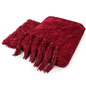 PAVILIA Chenille Throw Blanket with Woven Knitted Tassel Fringe for Couch, Living Room Decor and Bed, Red/Twin - 60x80