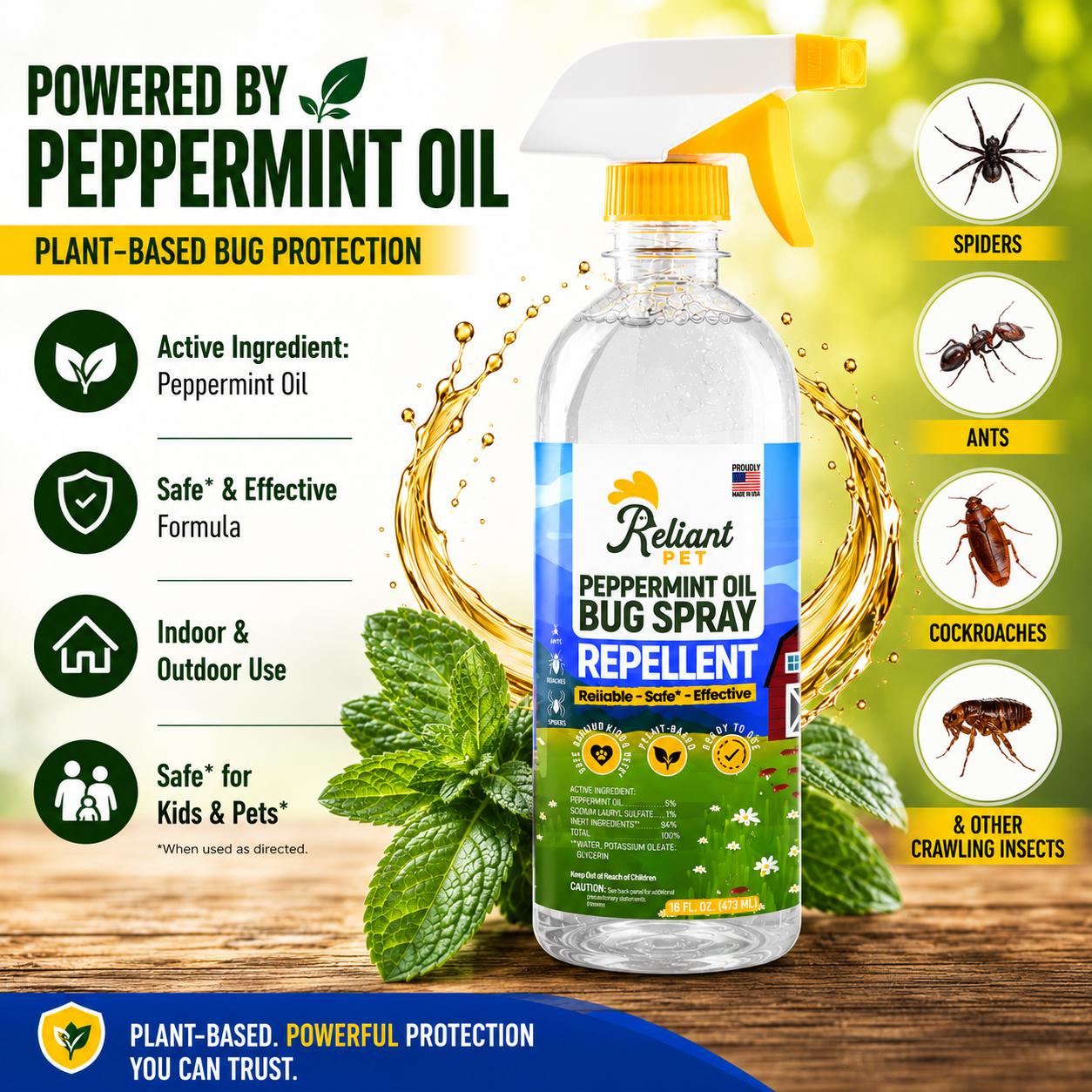 Reliant Pet Peppermint Oil Bug Spray - Deals For You Days -  [16oz and Made In USA ] Ants, Spiders, Roaches - Safe for USE Around Kids and Pets  - Effective & Usage