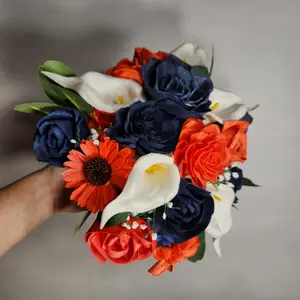 Orange Navy Blue Rose Calla Lily Real Touch Bridal Wedding Bouquet Accessories