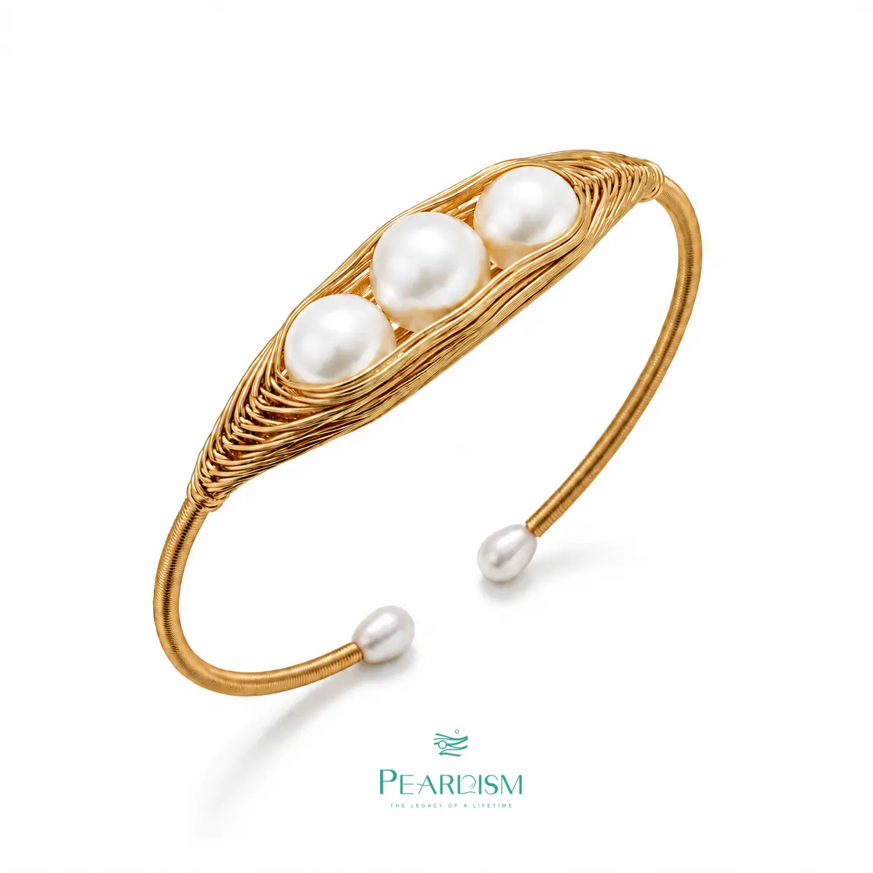 PEARLISM Seedless Freshwater Pearl Wire-Wrapped Cuff Bracelet | Gold/Silver Tone Handcrafted 3-Pearl Statement Bangle-PSBG1305S/G