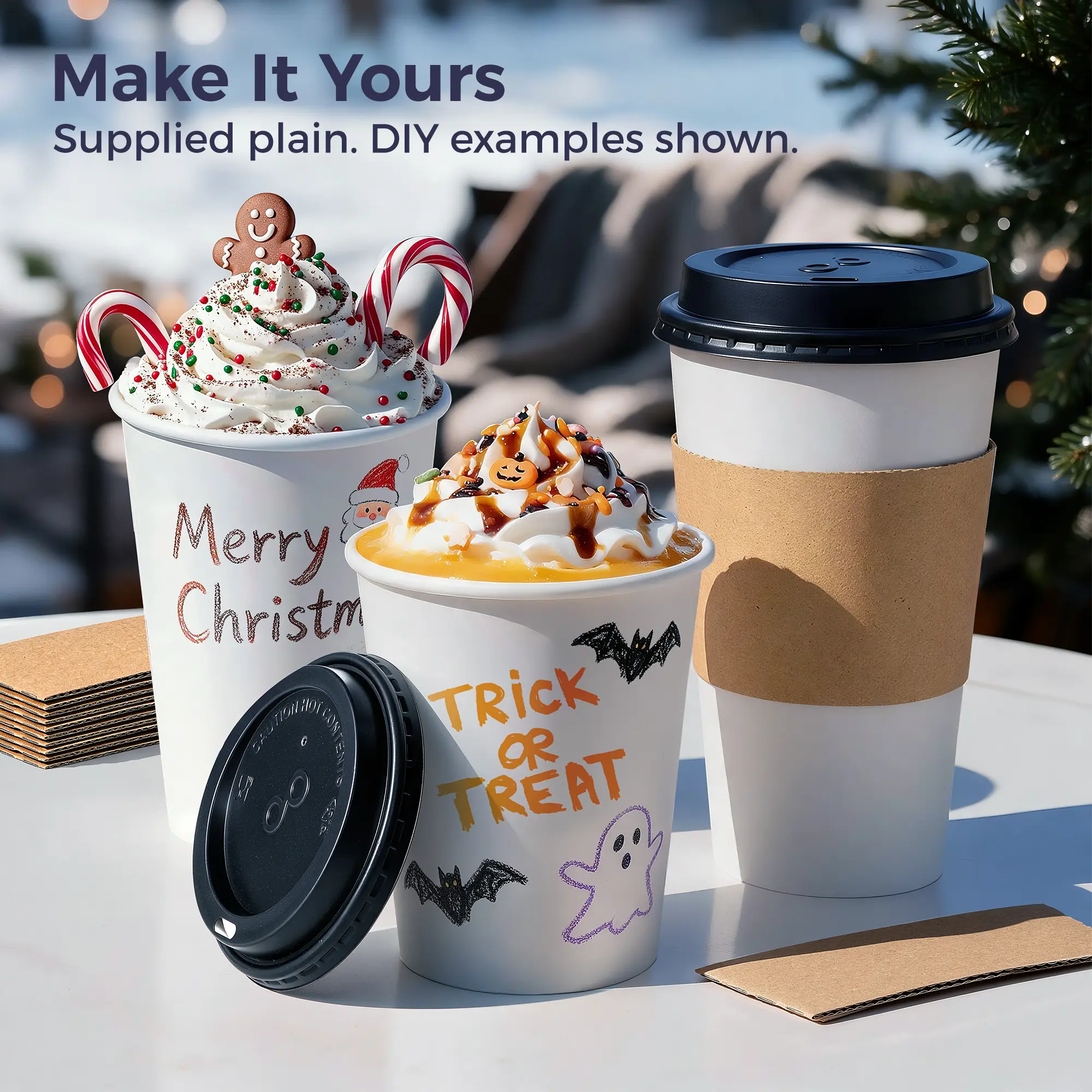 Fit Meal Prep Paper Cups for Coffee with Lids & Sleeves, 8–20 oz, 50/100/500 Pack, Disposable Hot Drink Cups for Christmas & Halloween Parties