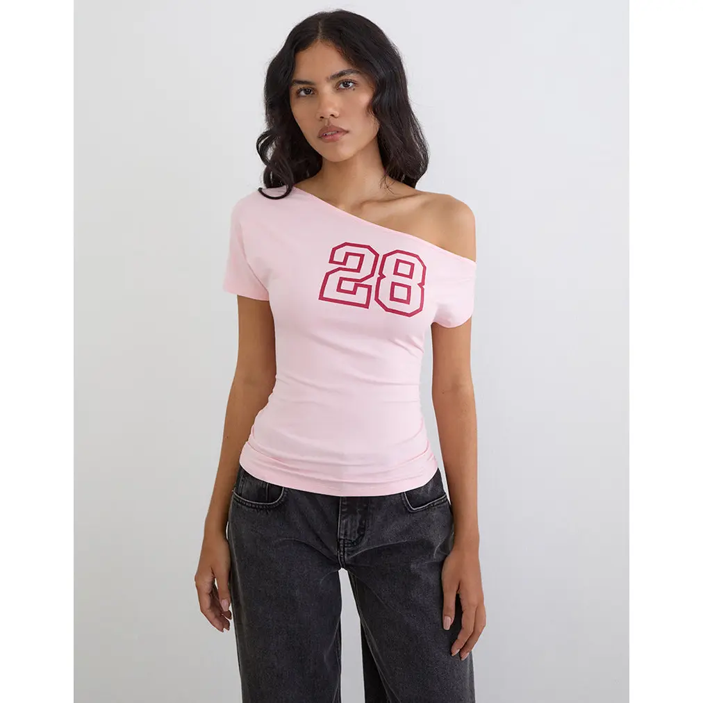 MOTEL   Danama One Shoulder Top in Rayon Jersey Light Pink with '28' Graphic