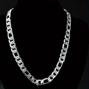 [1pc Silver Figaro Chain] 1pc 925 Silver Plated Stylish 12mm Men's Flat Figaro Link Chain Necklace,Daily Fashion Hand Jewelry Accessory