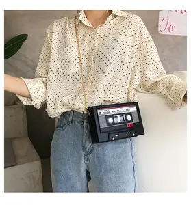 Black Radio Shape Box Clutch, Vintage Square Crossbody Bag, Tape Recorder Print Shoulder Bag