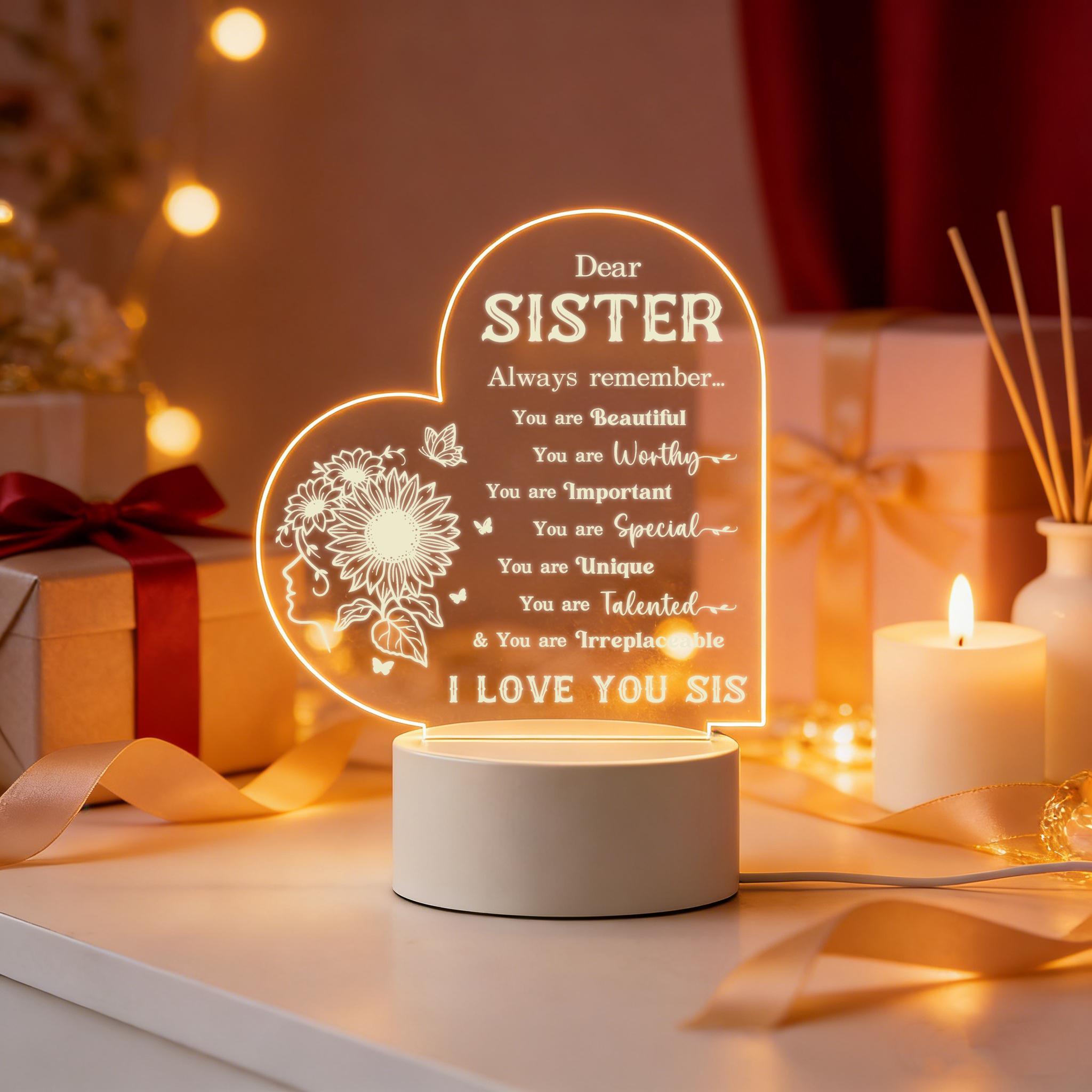 2D Heart Shaped Sister Night Light, Sunflower Decorative LED Table Lamp with Inspirational Quote, Personalized Birthday Christmas Gift for Sister, USB Powered Warm White Desk Lamp for Bedroom Living Room