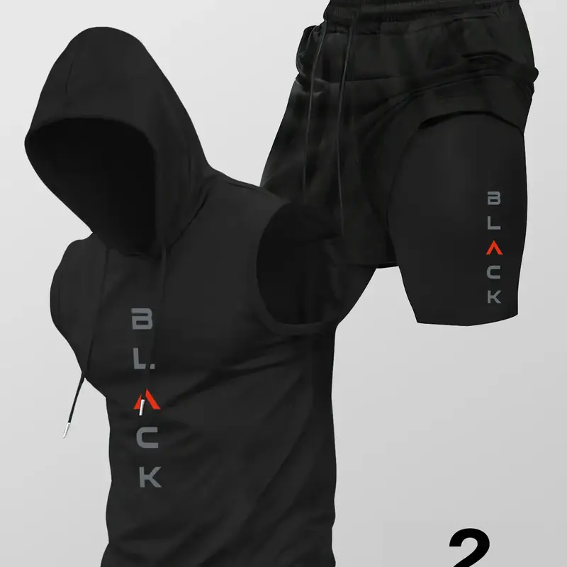 Two-Piece Set Men's Hooded Graphic Tank Top & Shorts Set, Regular Fit Casual Sleeveless Top & Shorts, Men's Clothing Set for Summer, Matching Workout Outfit