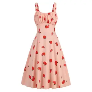 Dress Strawberry Printed A-line Skirt Strap Hanging Neck Double Wear