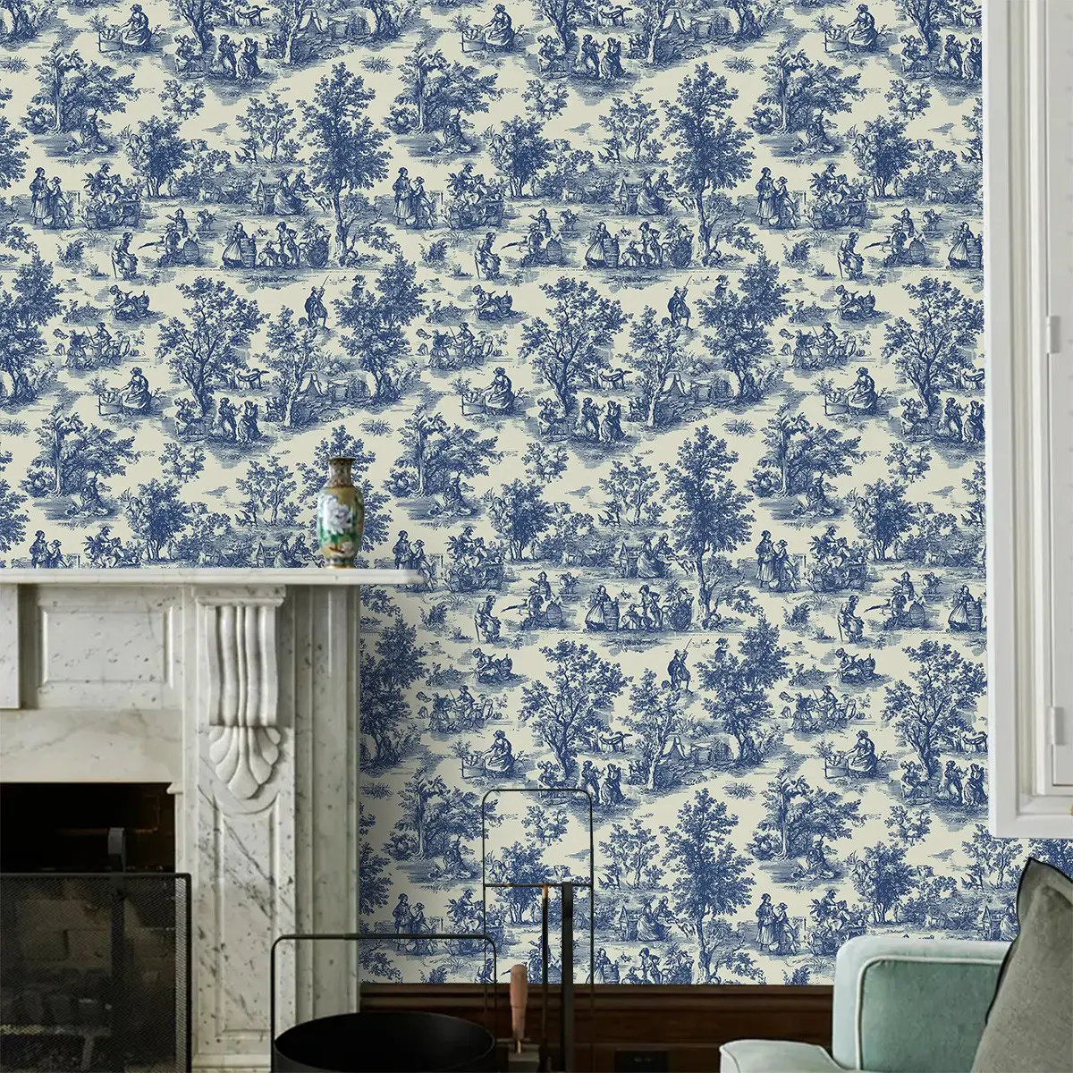 Blue French Vintage Floral Wallpaper Peel And Stick, Waterproof Removable, Rustic Country Style, Living Room Bedroom Decor, No Drilling, Moving Gift