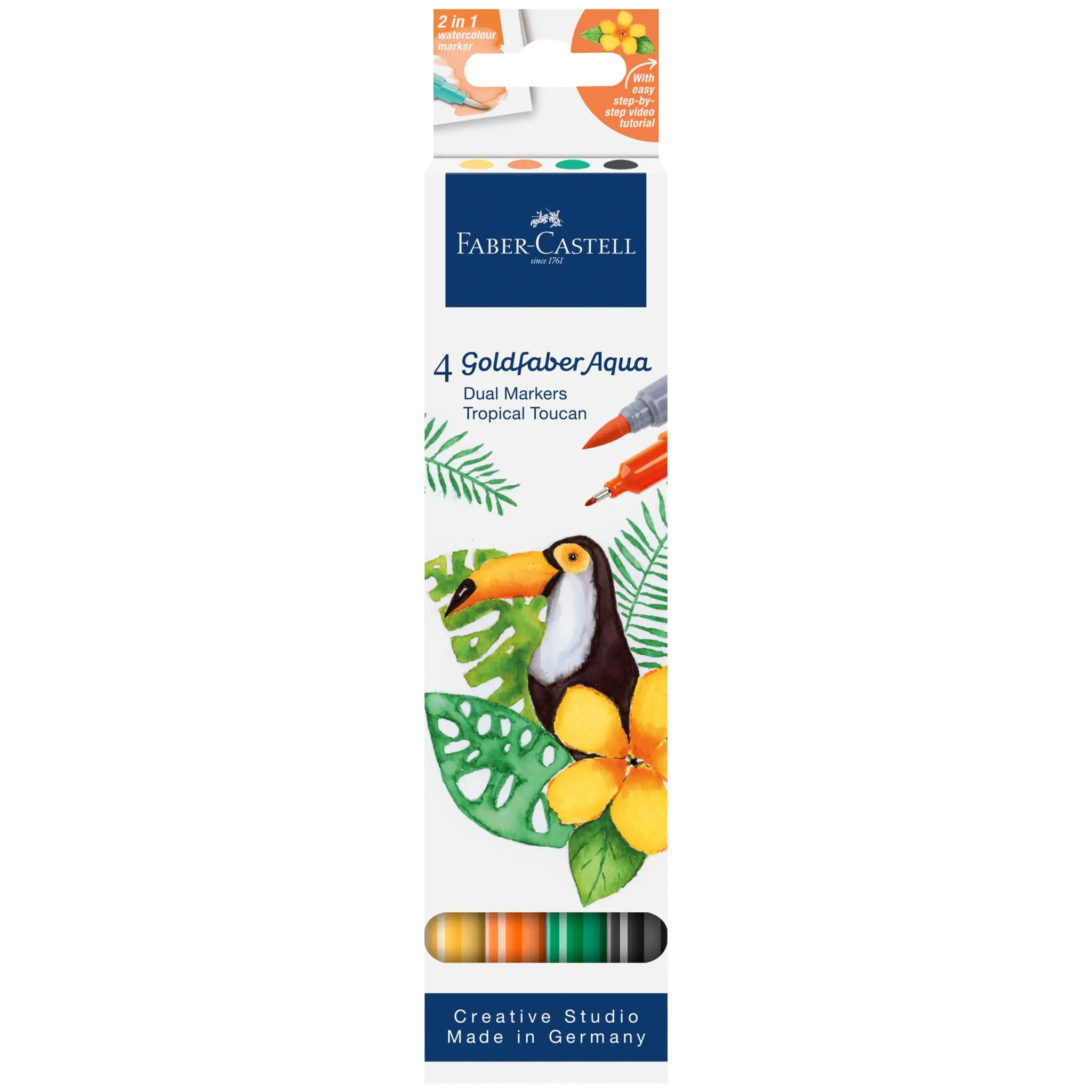 Goldfaber Aqua Markers - Tropical Escapes Tropical Toucan, Brush + Fine Tips, Recycled Plastic, Wallet Pack, 4ct Assorted Markers & Highlighters - #FC164508, Bullet Journaling