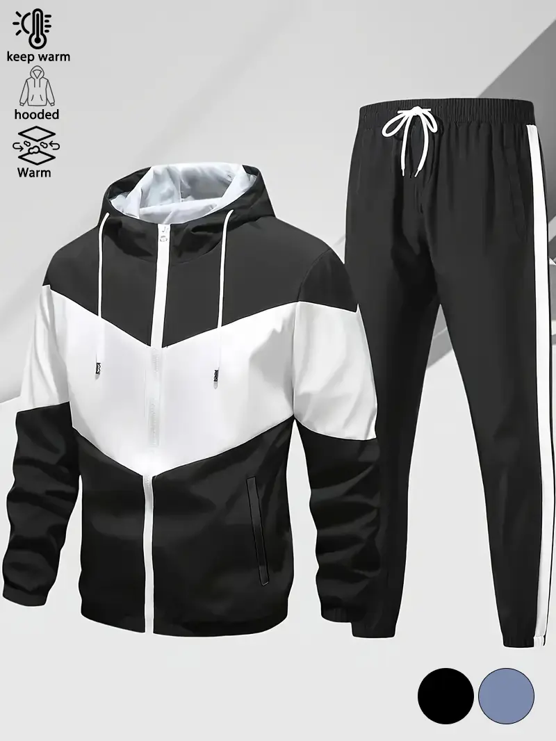 Men’s hooded color-block windproof two-piece sports set featuring a black-and-white contrast design that creates distinct visual layers. The hood includes an adjustable drawstring and elastic for secure fit, providing wind protection and warmth while main