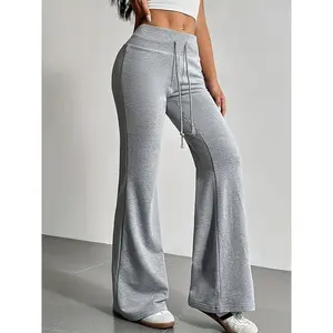 Women’s high-waisted flare-leg joggers with drawstring waist — light gray casual pants, comfortable all-season wear for outdoor jogging
