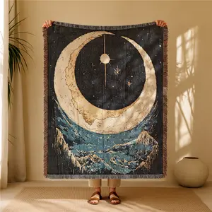 Big Moon Pattern Bohemian Yarn Jacquard Woven Blanket with Tassel, Boho Blanket, Thick Soft Washable Blanket, Used for Home Decor Sofa Chair Bed Tapestry Tablecloth Floor Garden Picnic Outdoor Camping