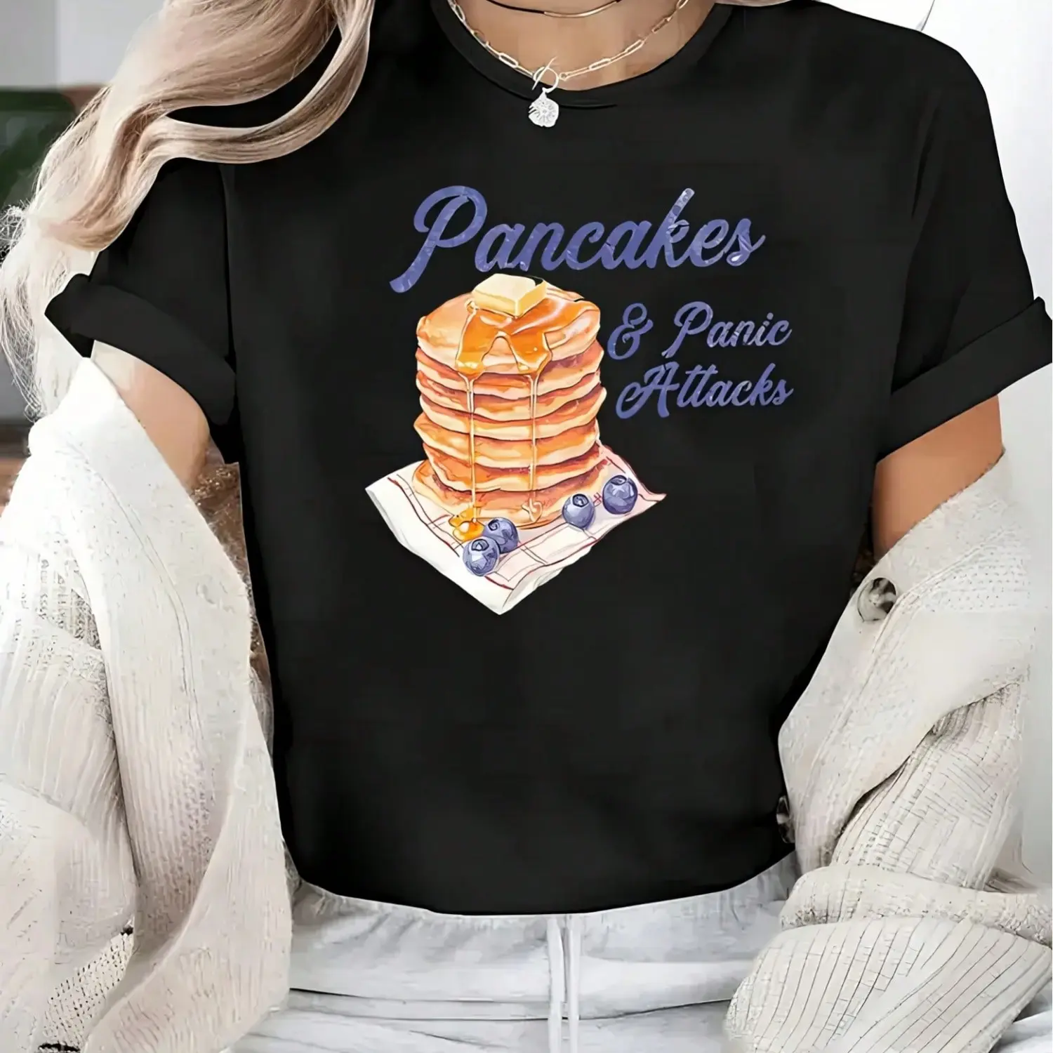 Women Pancakes Panic Attacks Graphic T-Shirt Casual Crew Neck Short Sleeve Top For Spring Summer Black With Colorful Pan