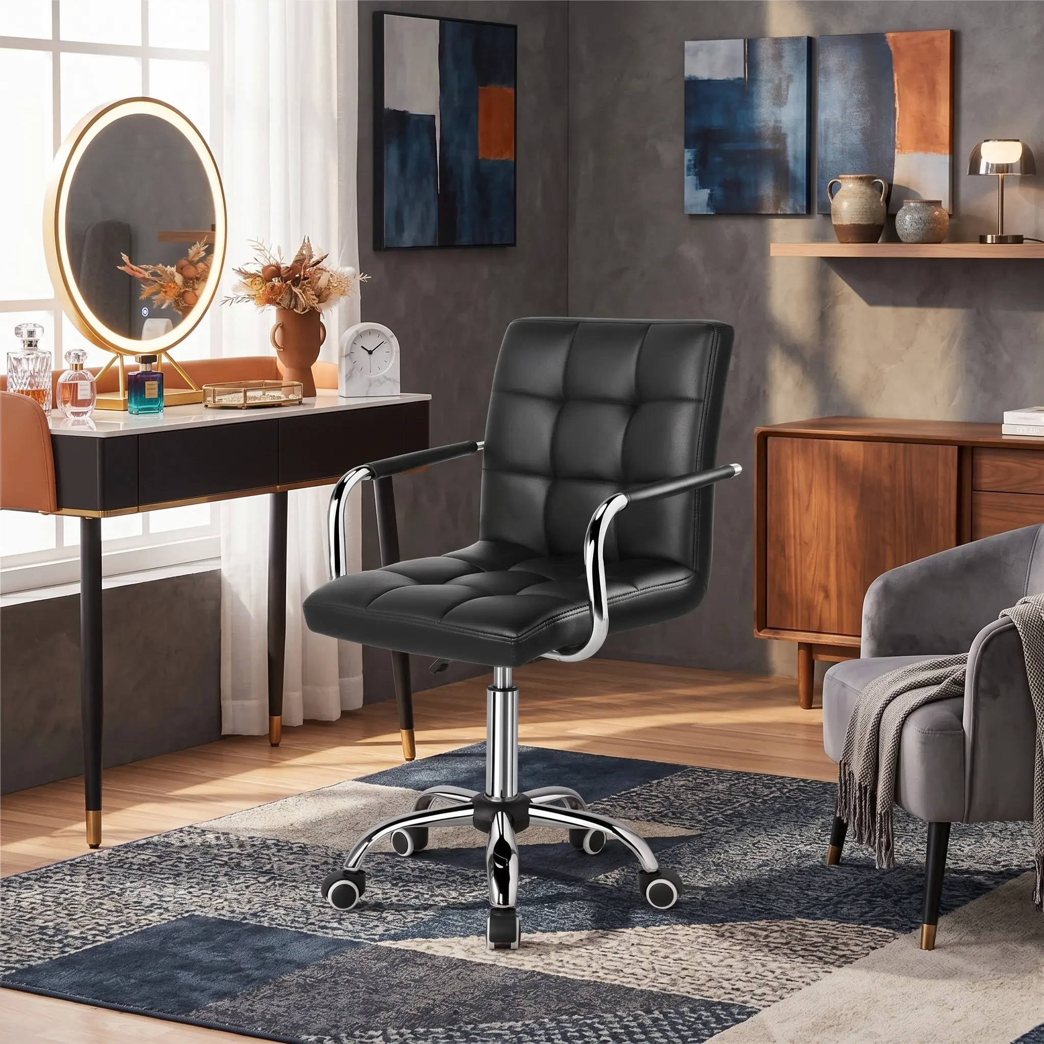Mid-Back PU Leather Office Vanity Desk Chair (19.6 lb) - Ergonomic Support, 360° Swivel Rolling, Height Adjustable, Armrests, Lumbar Support, Large Comfortable Seat for WFH Setup, Posture Fix, Low Back Pain Relief, Good Posture, Single Person