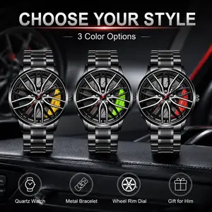 Men's Quartz Fashion Wristwatch, Ultra-Performance Concept Wheel Design, 3D Sports Car Wheel Rim, Hollow Face, Ultra-Minimalist Flyback Pointer watch