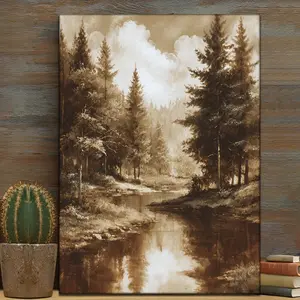 2D FLAT1 Piece Vintage Brown River Forest Canvas Wall Art - 30.48x 40.64cm Large Canvas Painting, Serene Brown and Gold Landscape Print, Suitable for Country, Neutral, Minimalist Home Decor - Ready to Hang Nature Theme Soft Brown Tone, Warm Beige and Brow