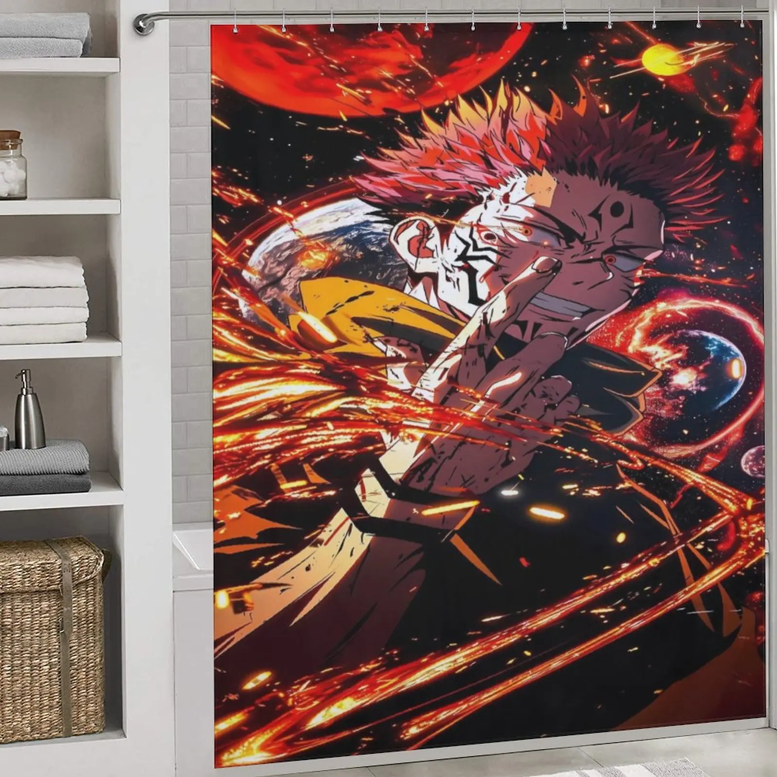 Ryomen Sukuna Shower Curtain — Waterproof Fabric Anime Shower Curtain — Cool, Dark-Themed Anime Bathroom Decor — Aesthetic Bathroom Accessory — A Unique Gift for Anime Fans