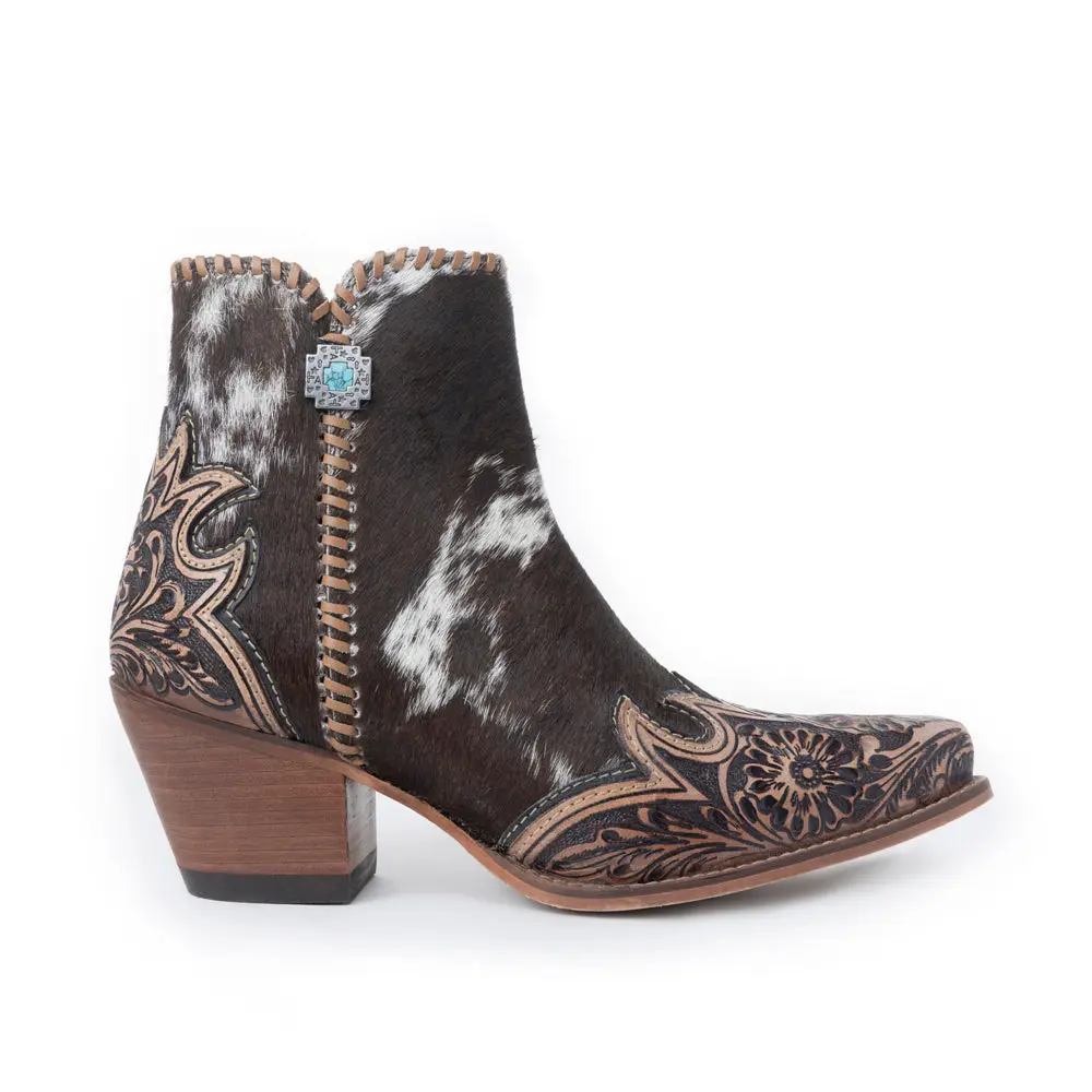 Women's Western Cowgirl Ankle Boots with Hand-Tooled Leather and Hairon Hide, Snip Toe Shoe with Side Zipper and Cushioned Insole, Footwear, Design