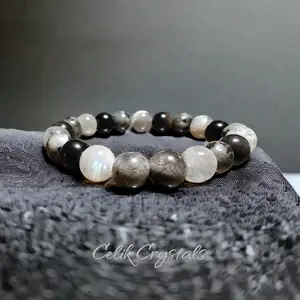 Larvikite | Gray Labradorite | Silver Obsidian Bracelet Natural Stones 10mm Stretch Healing Crystal Bead Bracelet Stylish