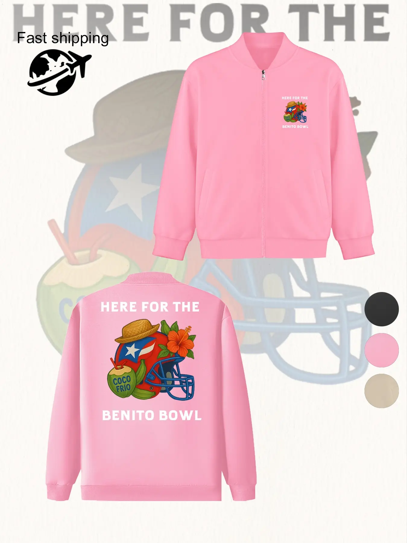 Women's Casual 'benito Bowl' Print Jacket, Features Puerto Rico Flag, Coconut & Hibiscus Flower, Lightweight & Comfortable for Daily Wear