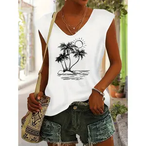Women's Hawaiian Coconut Tree & Sun Beach Print Rayon V-Neck Off-Shoulder T-Shirt - Casual Short Sleeve Top with Tropical Palm Design, Breathable Spring/Summer Tee for Vacation & Casual Attire, Summer Outfit, Pullover Style Shirt, Medium Elasticity Fabric