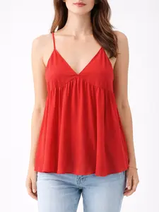 Women's Red Spaghetti Strap V-Neck Cami Top – Flowy Sleeveless Babydoll Blouse