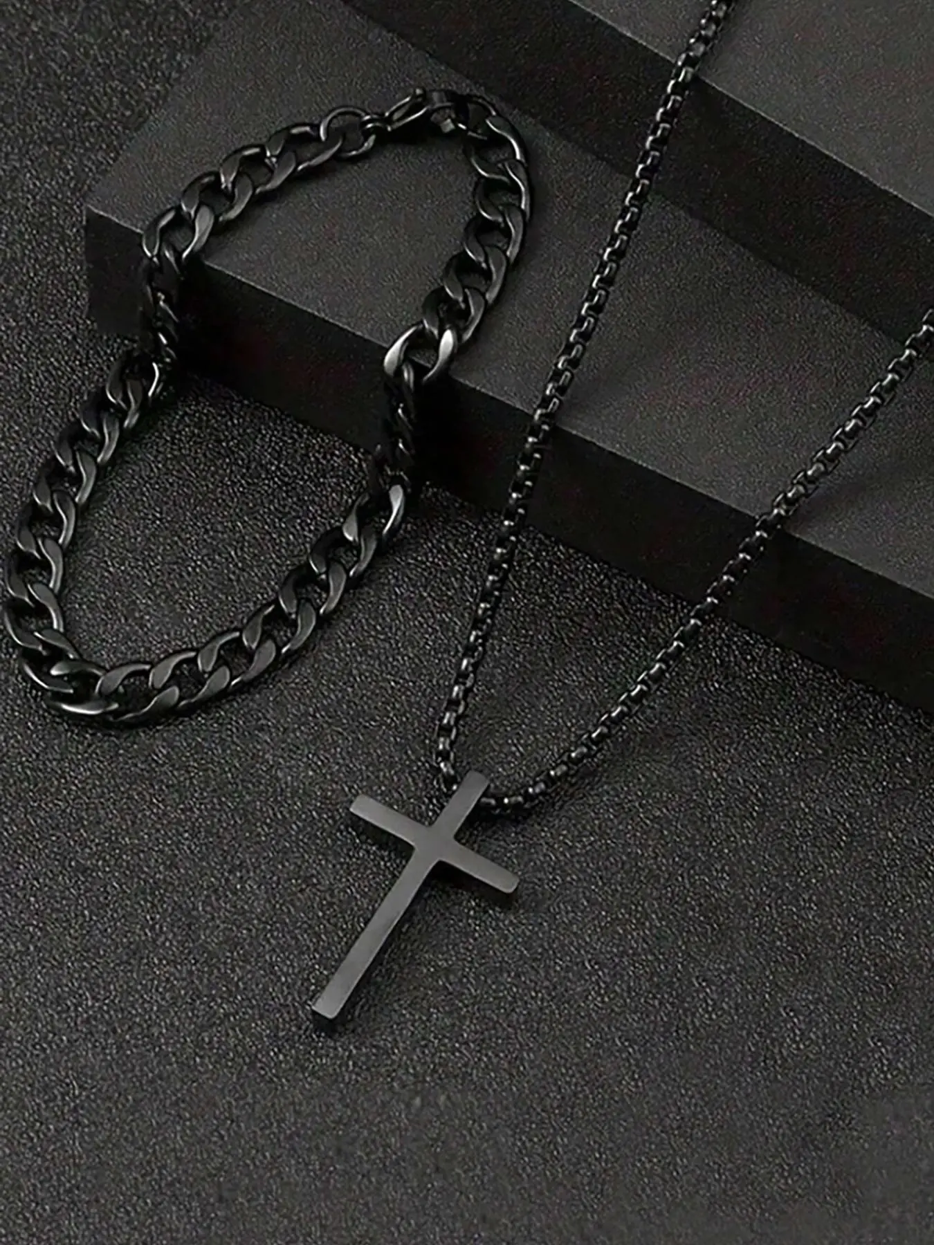 Men's Punk Hip Hop Cross Pendant Necklace & Curb Chain Bracelet, 2 Counts Matching Jewellery Gift Set Summer 2024 Jewelry Sets Fashion Jewelry for Party, Daily Decor, Trendy All-match & Exquisite Jewelry for Gift