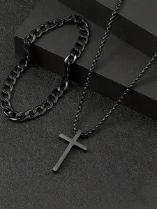Men's Punk Hip Hop Cross Pendant Necklace & Curb Chain Bracelet, 2 Counts Matching Jewelry Set Summer 2024 Fashion Jewelry for Party, Daily Decor, Trendy All-match & Exquisite Jewelry for Gift